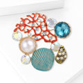 Coral and Seashell Brooch With Teal Pearl and Blue Crystal view 3