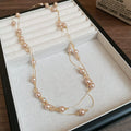 Layered Pearl Station Chain Necklace Gold Silver Tones view 6