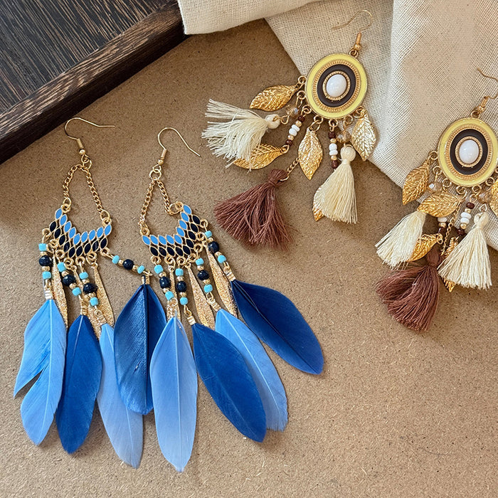 Colorful Feather Tassel Hook Earrings Four Styles With Decorative Details