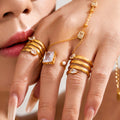 Gold Multi Band Teardrop Crystal And Square Pearl Open Rings view 3