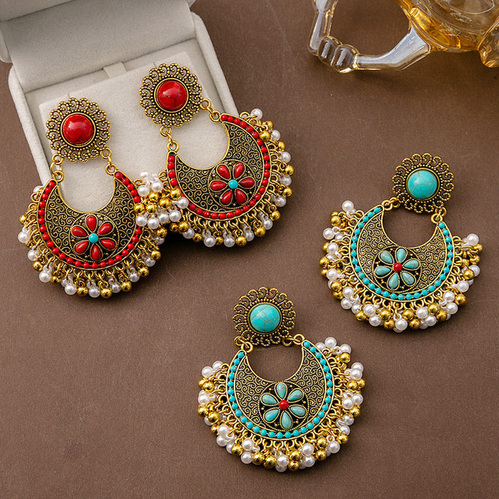 Red and Turquoise Ornate Floral Fringe Statement Earrings