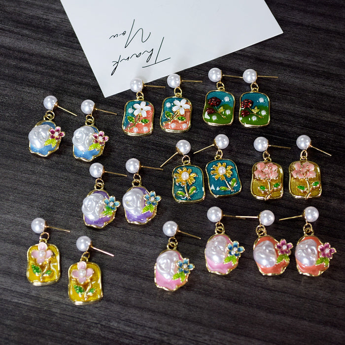 Gold Enamel Floral Pearl Drop Earrings Irregular 9 Styles