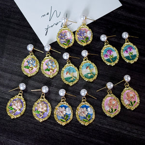 Gold Frame Floral Pearl Stud Drop Earrings Seven Styles