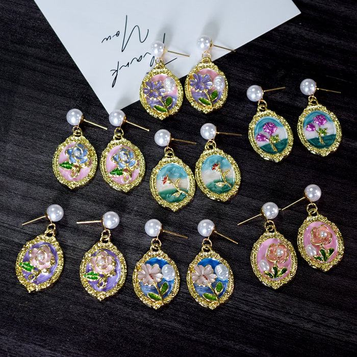 Gold Frame Floral Pearl Stud Drop Earrings Seven Styles