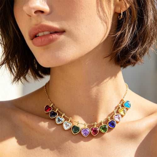 Alternate view showing the shape and hardware of the pictured heart birthstone necklaces