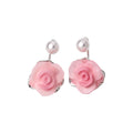 Pink Resin Rose Drop Earrings With White Pearl Stud Tops view 5
