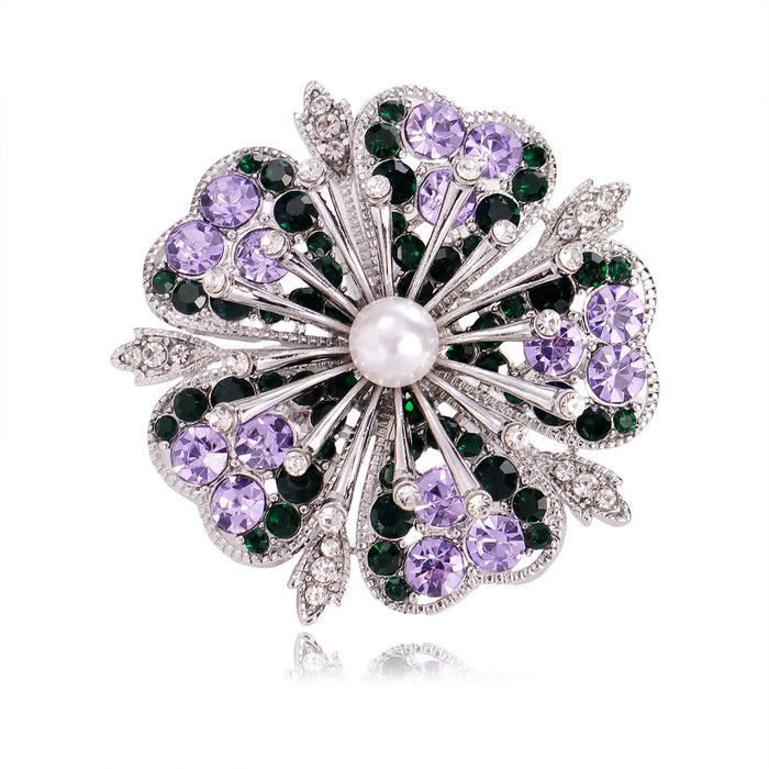 Flower Crystal Pearl Look Two Designs Metal Brooch Pin 4.7 cm