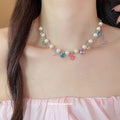 Pearl Necklace with Multicolor Faceted Crystal Drops view 3