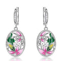 Silver Tone Pink Green Enamel Oval Flower Drop Earrings view 6