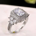 Silver-Tone Rectangular Halo Crystal Ring With Baguette Accents view 4