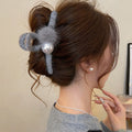 Gray Fuzzy Yarn Claw Hair Clip Large Pearl Fur Pom view 1