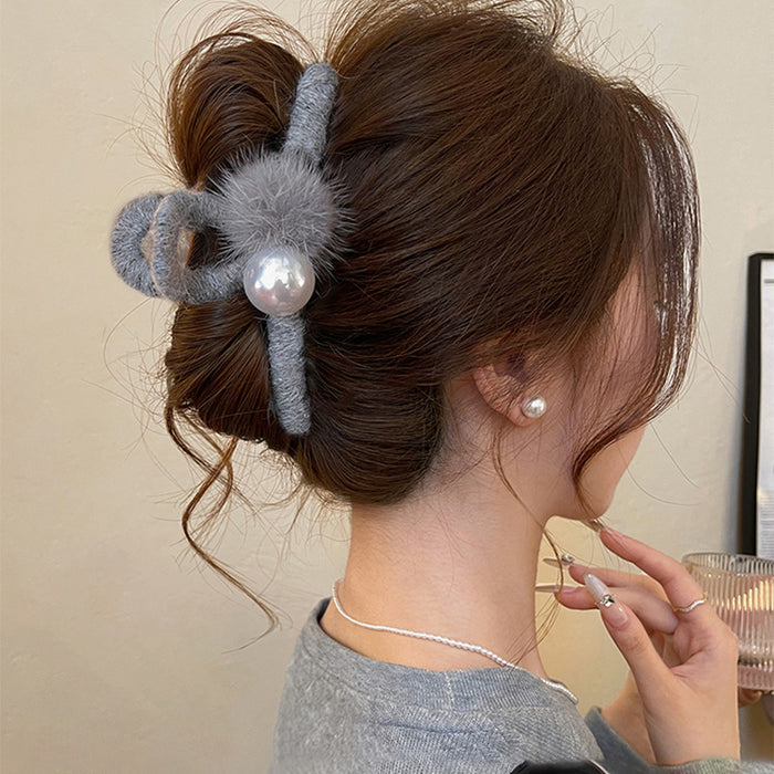Gray Fuzzy Yarn Claw Hair Clip Large Pearl Fur Pom