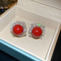 Crystal Border Round Stud Earrings in Red or Pearl White view 6