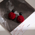 Red and Brown Fabric Rose Black Top Dangle Earrings view 6