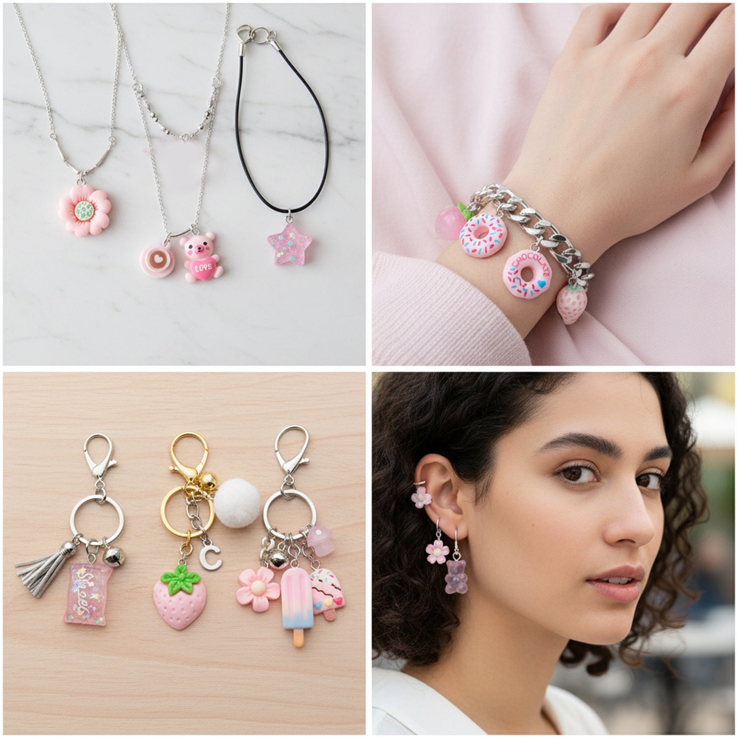 Pink Resin Flower Strawberry Mushroom Donut Charm Pendants for DIY Bracelet Necklace