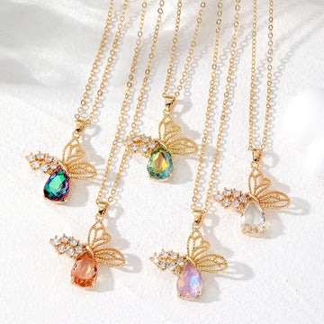 Gold Butterfly Crystal Teardrop Pendant Necklace 4 Colors