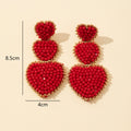 Red Crystal Bead Three Tier Heart Drop Earrings Gold-Tone Trim view 4