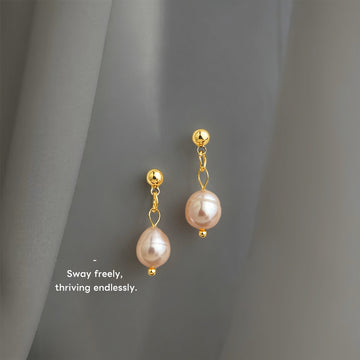 Gold Ball Stud Pink Baroque Pearl Dangle Drop Earrings