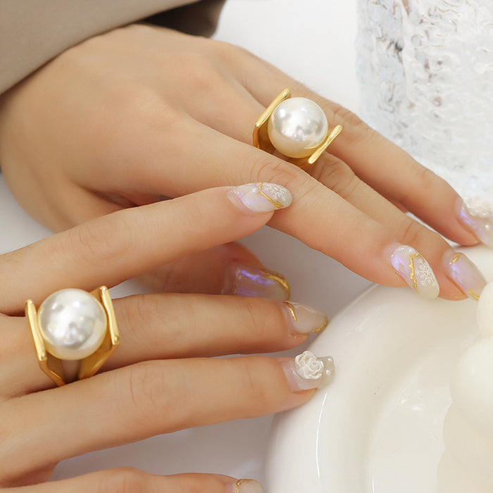Gold And Steel Angular Band Rings With Large White Pearl