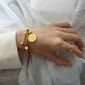 Gold Elastic Bead Bracelet Engraved Round Coin Charm Cubes Balls view 1