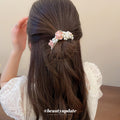 Pearl Satin Flower Hair Ties Pink White Ribbon Two Styles view 3