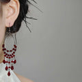 Burgundy Beaded Chandelier Hook Earrings in Black Tone view 2