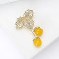 Yellow Double Cherry Brooch With Crystal Covered Gold Leaves view 4