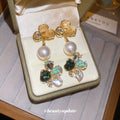 Green Crystal Floral Pearl Drop Stud Earrings Fashion Jewelry view 1