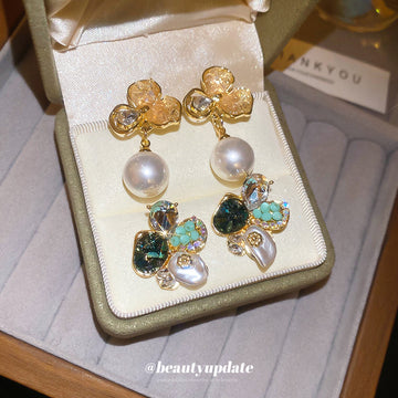 Green Crystal Floral Pearl Drop Stud Earrings Fashion Jewelry