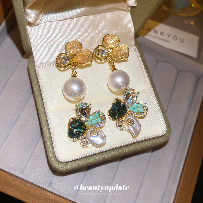 Green Crystal Floral Pearl Drop Stud Earrings Fashion Jewelry