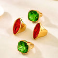 Gold Tone Marquise Red and Cushion Green Glass Stone Rings view 2