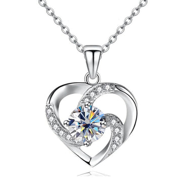 Silver Open Heart Clear Center Stone Pendant Necklace
