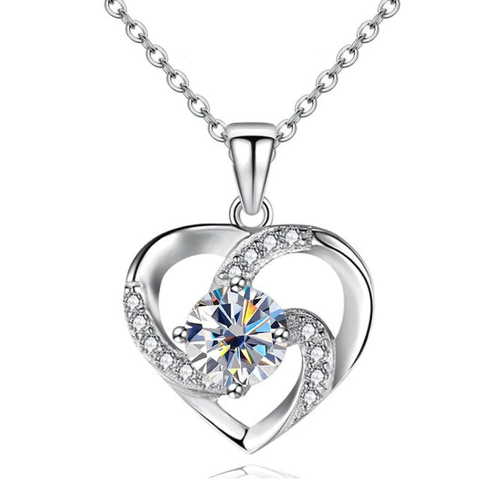 Silver Open Heart Clear Center Stone Pendant Necklace