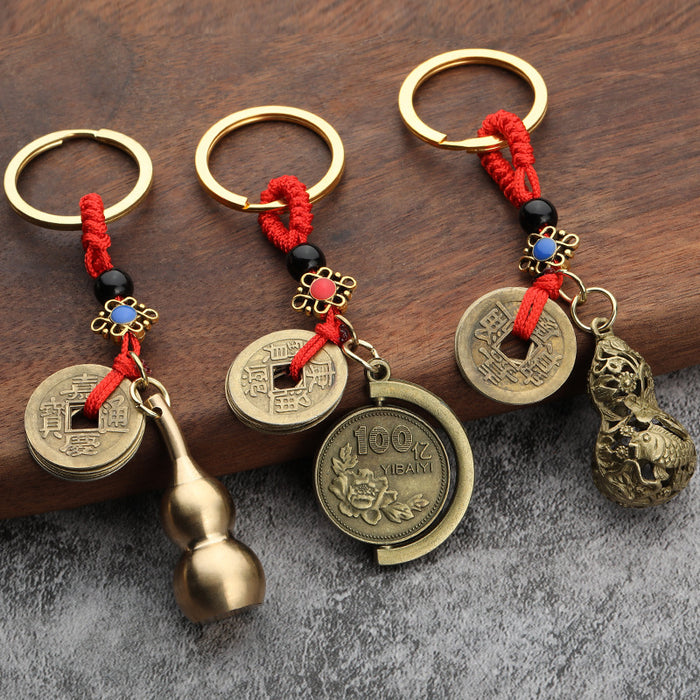 Antique Gold Tone Chinese Coin Keychains, 12 Charm Styles