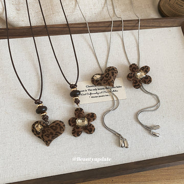Flocked Leopard Flower and Heart Pendant Cord Necklaces