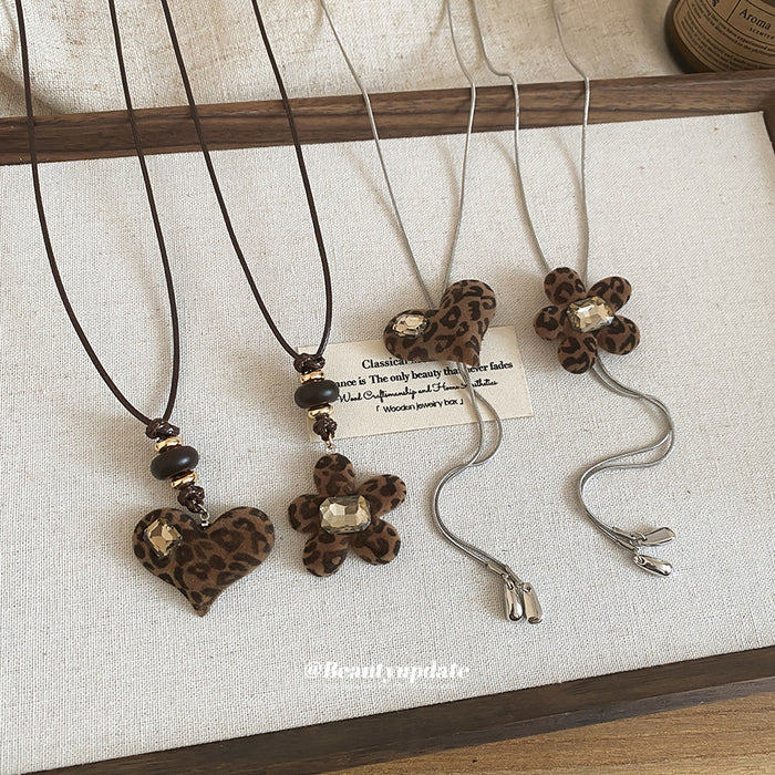 Flocked Leopard Flower and Heart Pendant Cord Necklaces