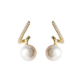 Gold Tone Clear Stone Diagonal Bar Pearl Like Drop Earrings view 5