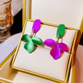 Green and Fuchsia Satin Look Flower Mismatched Earrings view 1