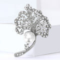 Crystal Ginkgo Leaf Brooch Pearl Accent Gold Silver view 3