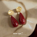 Gold Hammered Disc Wine Red Teardrop Drop Earrings view 4