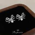 Silver Bow Stud Earrings Clear Pavé Heart Drop Charm view 3