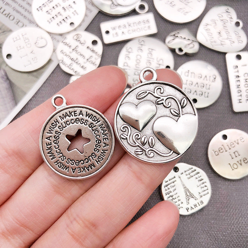 Iron English Letter Round Tag Charm Pendant for DIY Necklace Bracelet Jewelry
