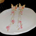 Pink Butterfly And Flower Crystal Long Tassel Earrings view 4