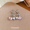 Pink Cherry and Heart Charm Huggie Hoop Drop Earrings view 4
