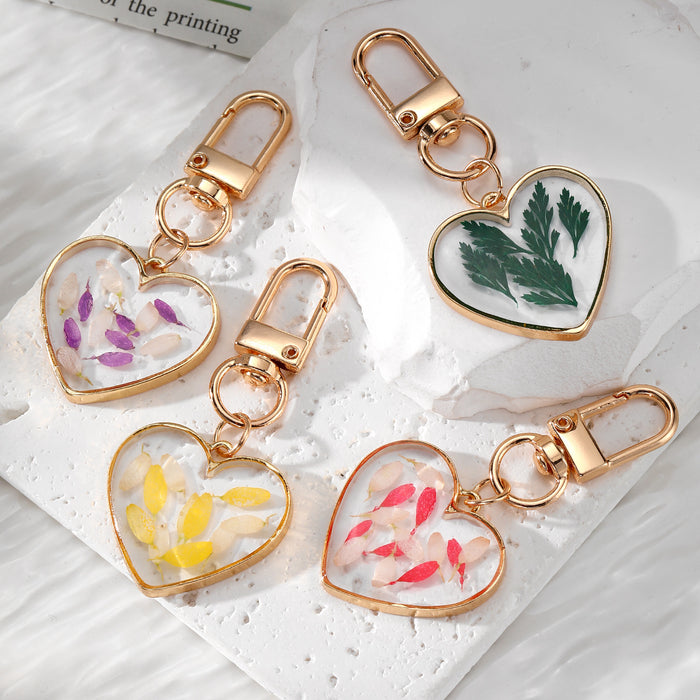 Gold Tone Heart Pressed Botanical Resin Clip Keychains