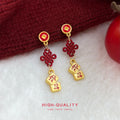Red Coin Chinese Knot Gold Fa Cai Cube Drop Earrings Pair view 6
