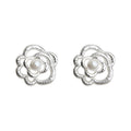 Silver Textured Camellia Flower Pearl Stud Earrings view 5