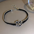 Black Crystal Rhinestone Rose Flower Choker Necklace Silver view 2