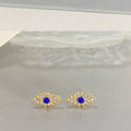 Gold Evil Eye Stud Earrings Blue Center Clear Crystal Halo view 4
