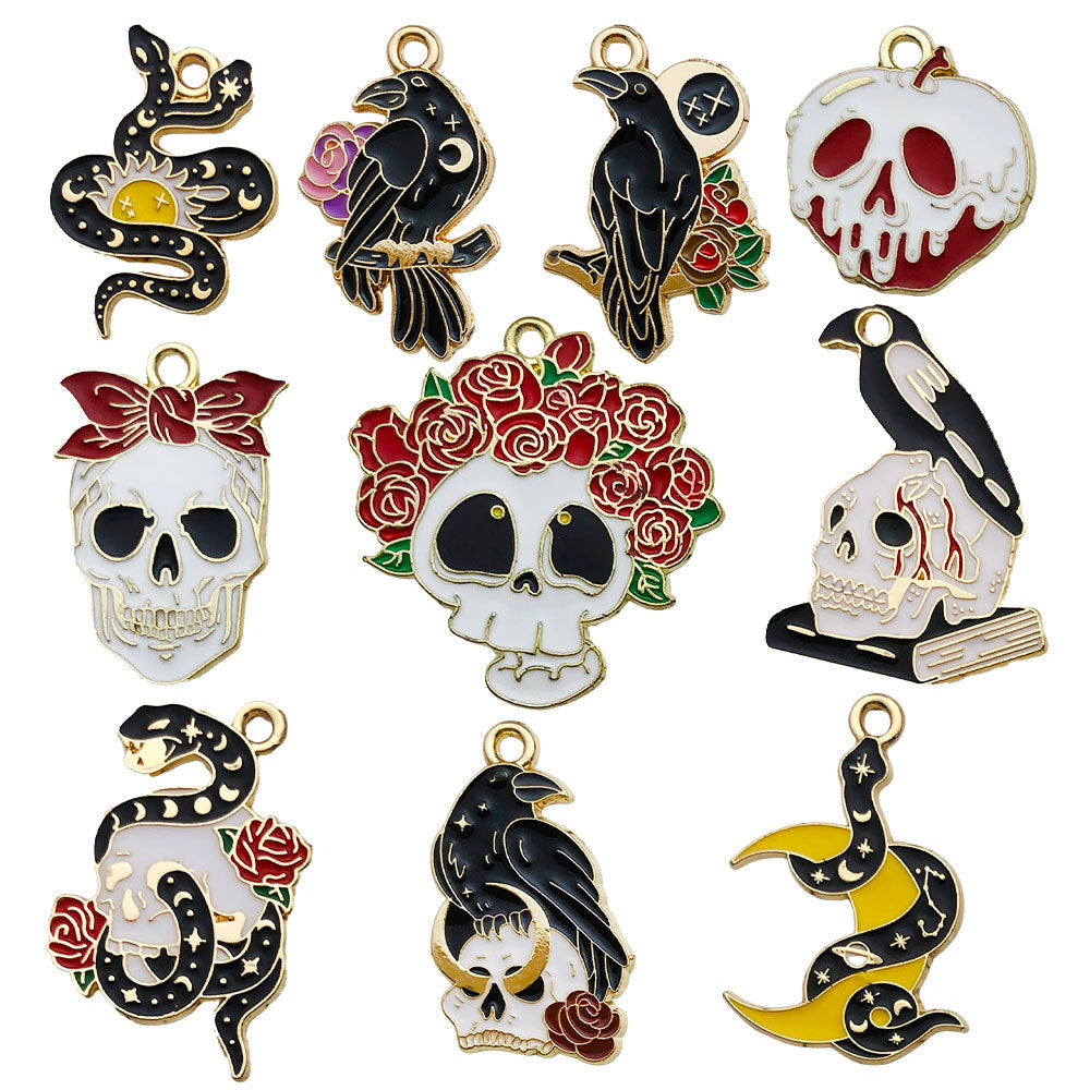 Enamel Zinc Alloy Sun Moon Double Head Snake Skull Black Cat Charm Pendant DIY
